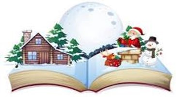 open book with holiday house, santa, and snoman